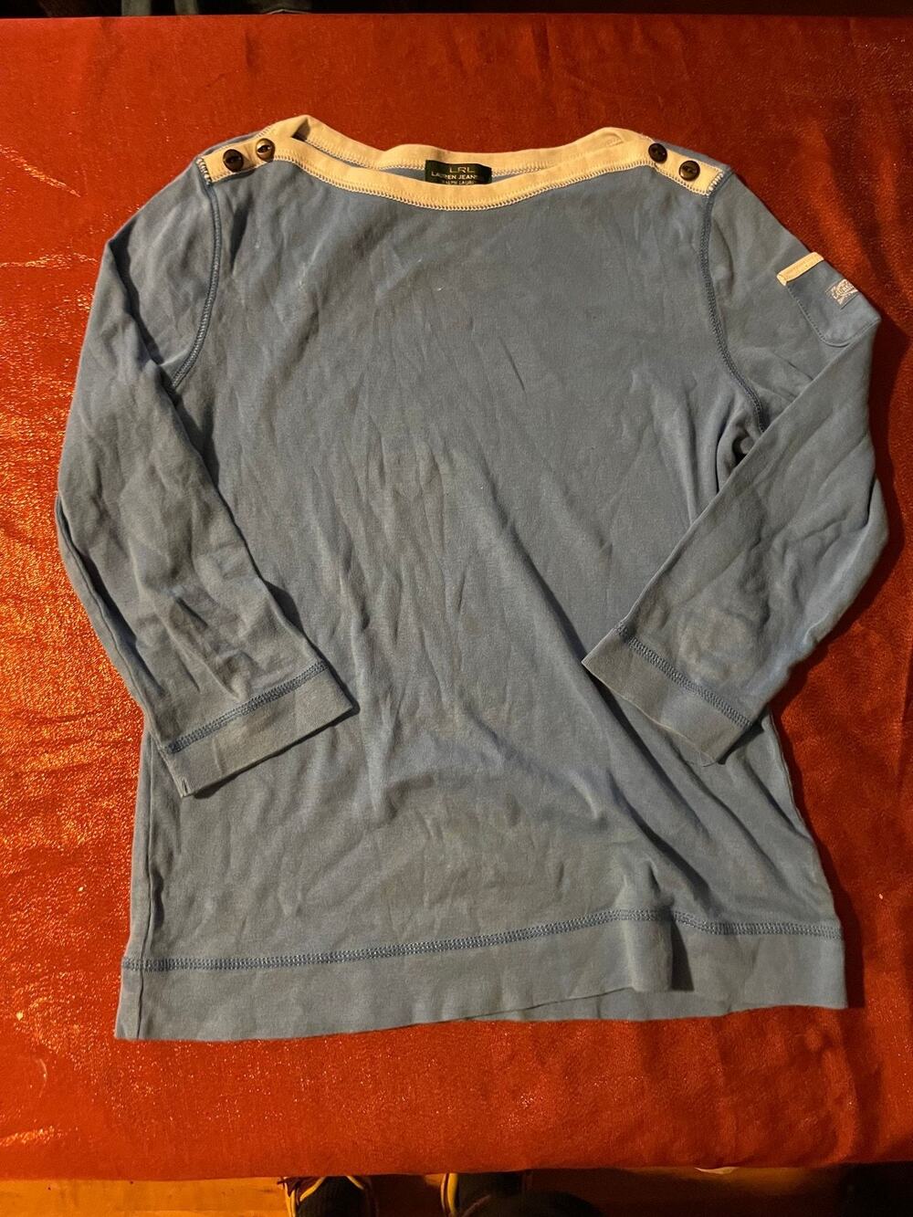 LRL Lauren Jeans Co Shirt Womens M Boatneck Button Shoulder 3/4 Sleeve Blue